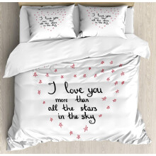 I Love You More Duvet Cover Set, Handwritten Valentine's Letters with Heart-Shaped Stars, Bedding Set with 1 Duvet Cover 2 Pillowcases, Cal Red Grey