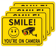 "4pcs Smile You're On Camera Sign - 10x7"" Aluminum Video Surveillance Sign for Home, Yard, Business - Deter Theft and Protect Property"