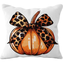 Herbstliche Kürbis-Kissenbezüge (45 x 45 cm), Dekokissen mit Leoparden-Schleife und Kürbismotiv für gemütliche Wohndekoration, passend zur