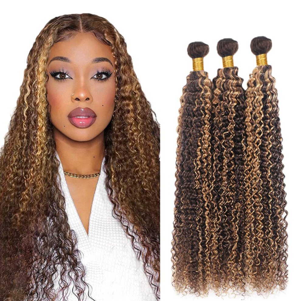 Unisex Brown Brazilian Kinky Curly Ombre Human Hair Bundles 10 12 14 Inch P4/27 Blonde Remy Extensions