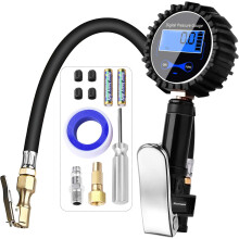 Digital dekkpumpe med trykkmåler, LCD-skjerm med høy nøyaktighet på 0 til 200 psi, luftchuck i ekte messing og 90 graders ventilforlengelse.