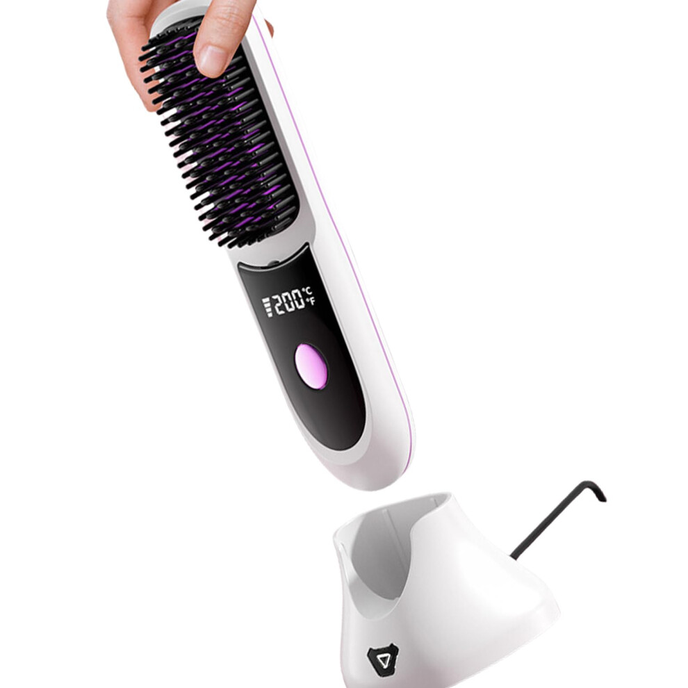 White Cordless Hair Straightener Brush With Usb Rechargeable Battery And Adjustable Temperature For Travel