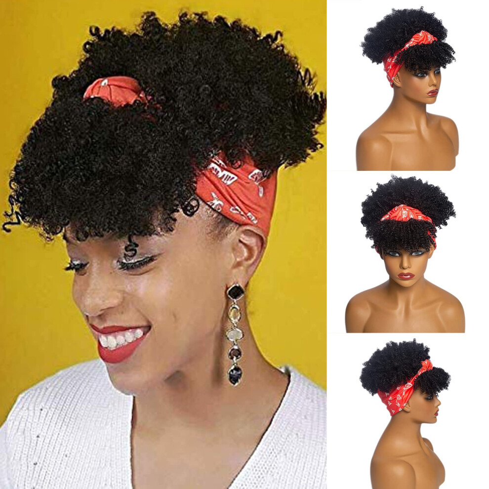 Unisex Short Afro Kinky Curly Headwrap Wig With Bangs 2 In 1 Synthetic Puff Turban Style