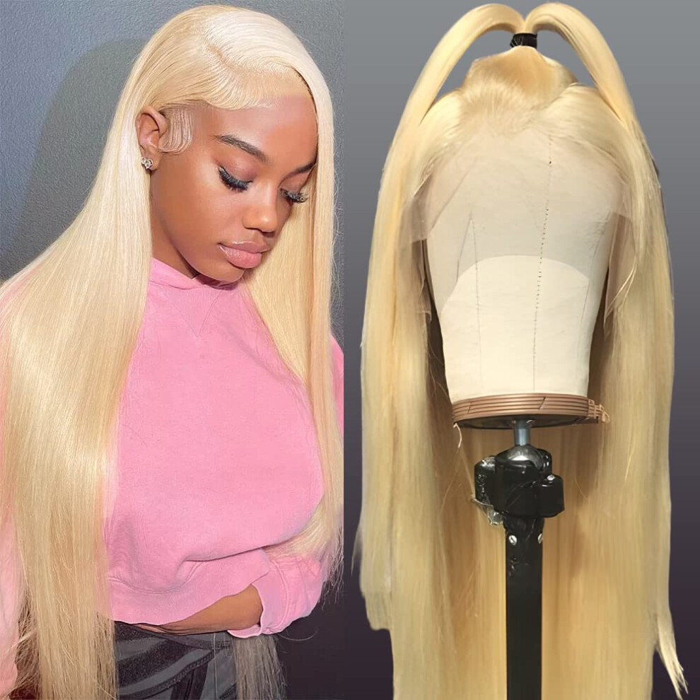 Unisex 30 Inch 613 Blonde Lace Front Wig Human Hair, 13X4 Lace Frontal Straight, PreâPlucked Natural Hairline, 150% Density