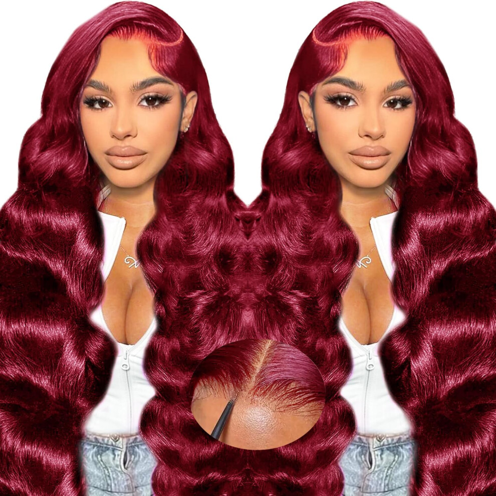 Unisex Red 99J Burgundy Lace Front Wigs Human Hair 28 Inch Hd Body Wave Glueless Pre Plucked Hairline