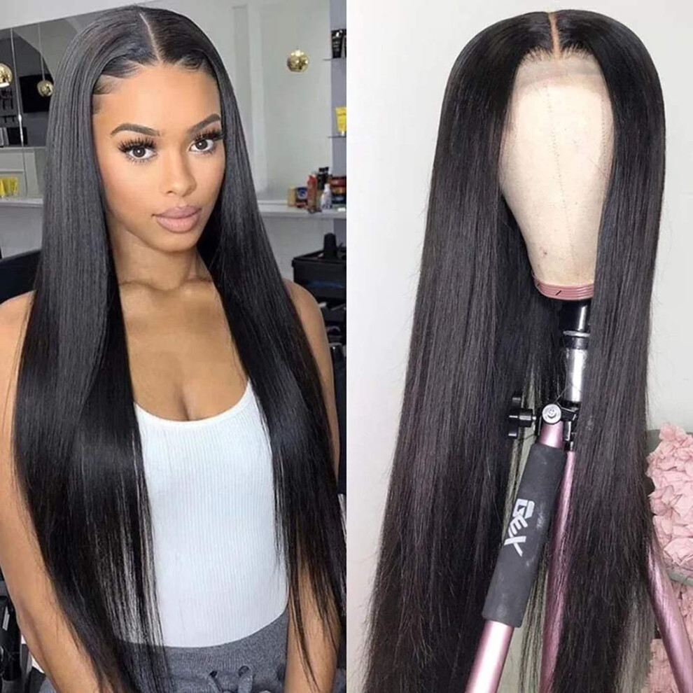 Unisex 22 Inch Brazilian Straight Human Hair Lace Front Wig Pre Plucked Bleached Knots 150% Density Natural Hairline