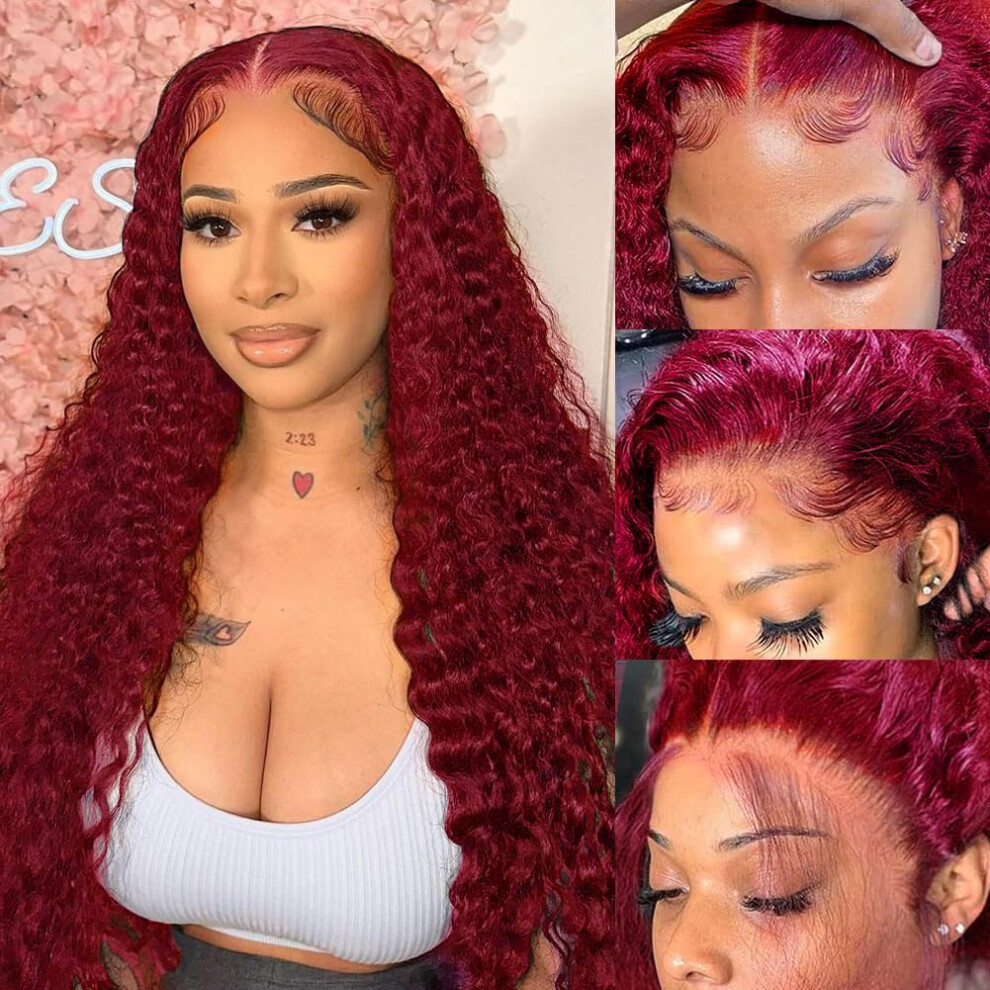 99J Burgundy 13x6 HD Lace Front Deep Wave Human Hair Wig 30 Inch, 250 Density, PrePlucked Brazilian Virgin Hair