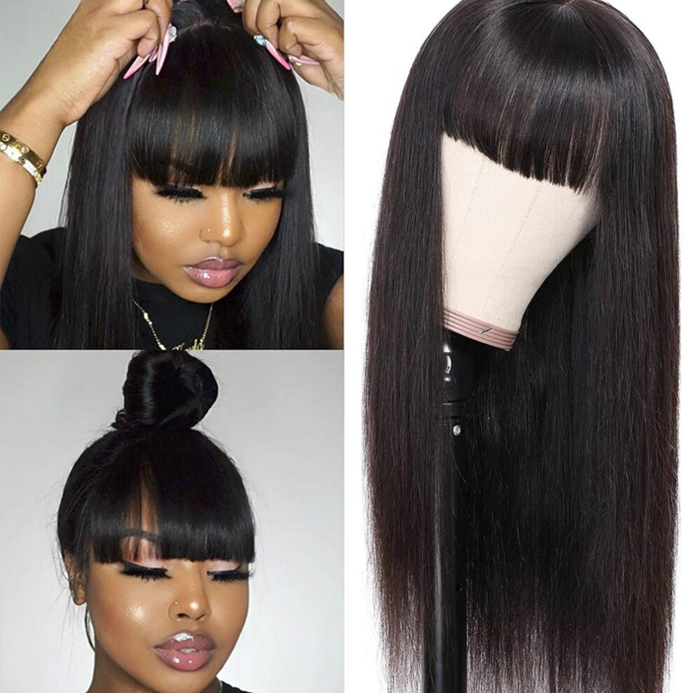 Unisex Black 24 Inch Straight Human Hair Wig With Bangs, 150% Density Virgin Hair, Glueless For Women
