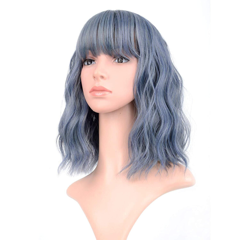 Unisex Blue Short Wavy Wig For Women Heat Resistant Synthetic Cosplay Hair With Natural Texture