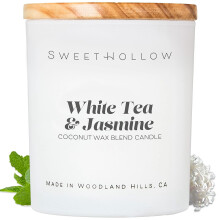 White Tea & Jasmine Luxury Candle in White Jar with Wood Lid, Floral Fragrance, Long-Lasting Coconut Wax, Aromatherapy - Compatible with Home & Gift