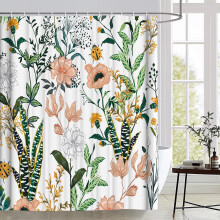 Grönt blommigt duschdraperi (180 x 180 cm), polyestertyg med tropiskt lövtryck, inklusive krokar