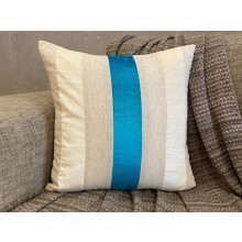 Federe decorative blu 26"x26" (65x65cm), federe Euro patchwork in velluto e lino per divano, motivo a righe stile moderno - fascia in velluto turchese