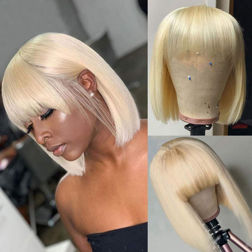 Unisex Black 613 Blonde Bob Wig With Bangs, 12' Brazilian Straight Human Hair, Glueless For Women
