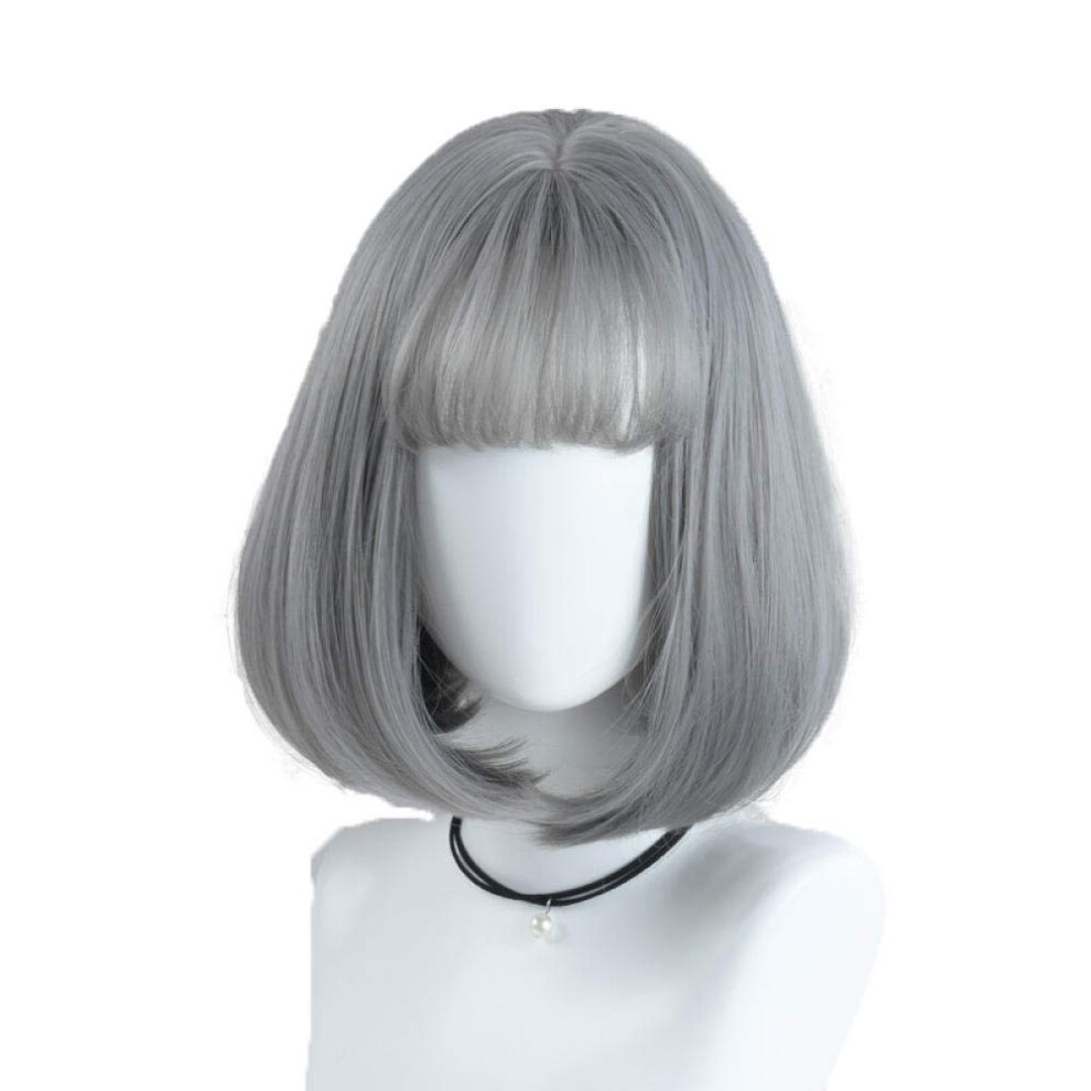 Unisex Gray Short Curly Wig With Bangs, Realistic Hairline, 14 Inch Synthetic Bobo Style For Women