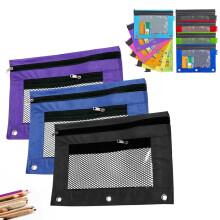 Etui met ritssluiting voor 3 potloden, pennen, markers en andere benodigdheden, geschikt voor een ringband of schoolspullen