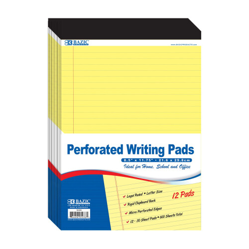 BAZIC Perforated Writing Pad, 50Sheets8.5"x11.75", Canary, Total24Count