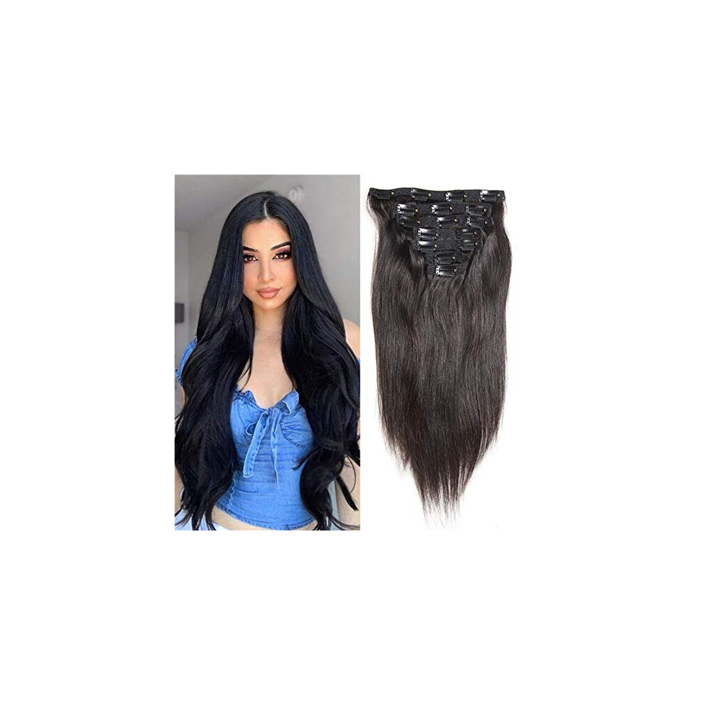 Unisex Black Clip In Human Hair Extensions Remy Virgin Brazilian Straight 8Pcs 120G Natural Instant Length And Volume