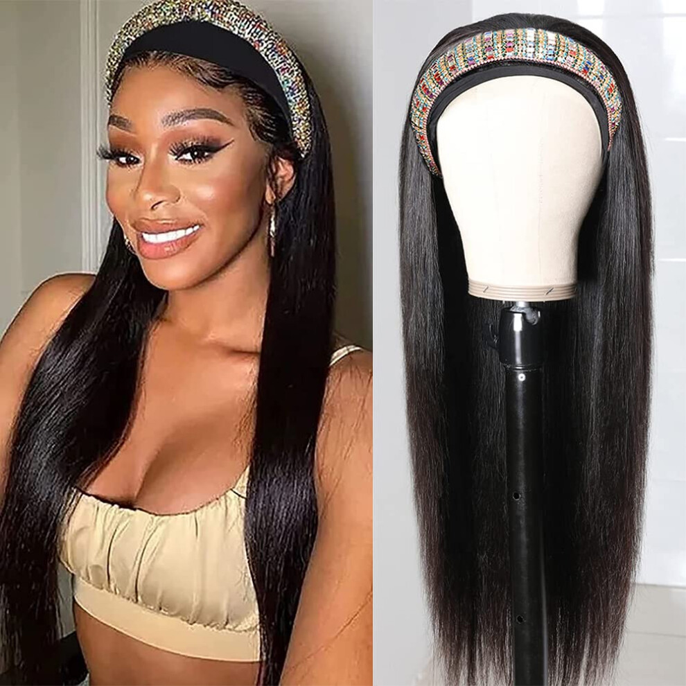 Unisex Black Straight Brazilian Human Hair Headband Wig 14Inch Glueless 150 Density For Women