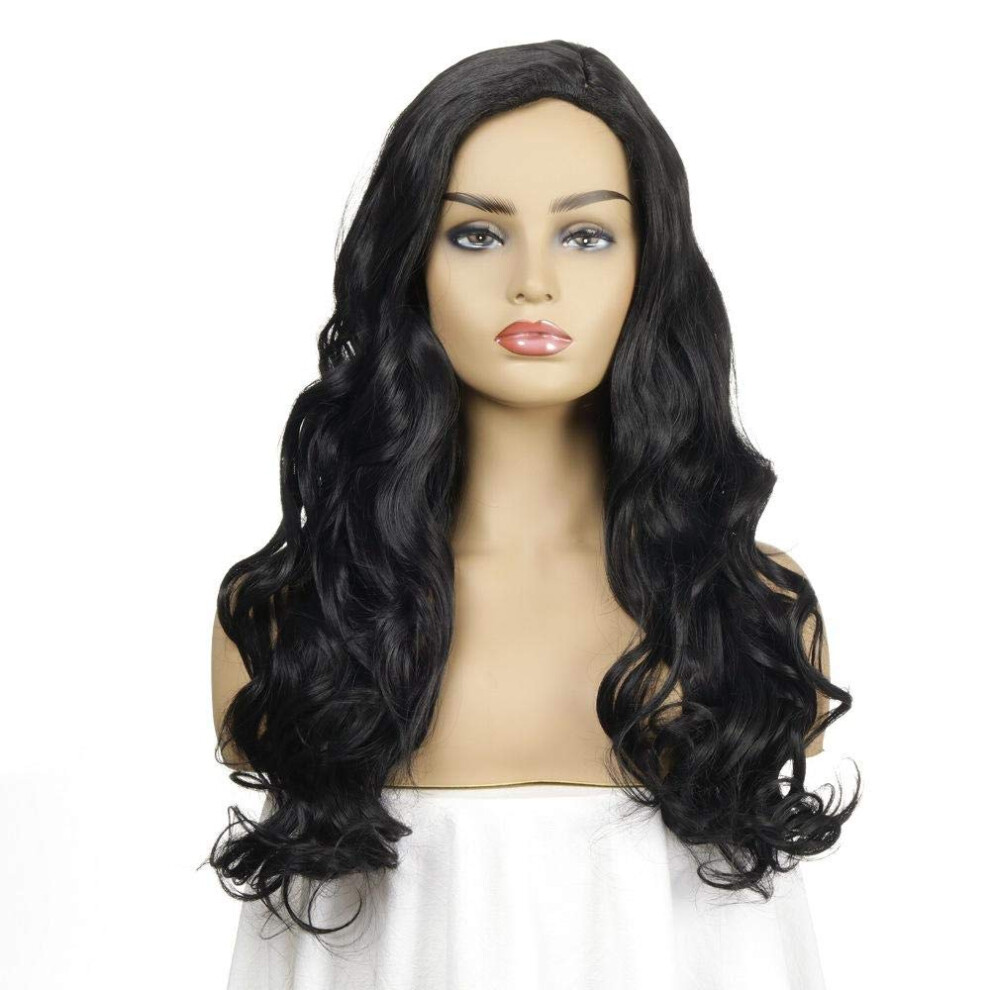 Unisex Black Long Wavy Synthetic Wig For Women, Natural Looking Heat Resistant Fiber For Cosplay