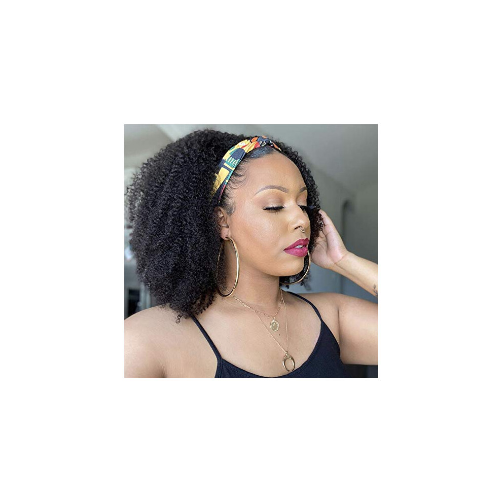 Unisex Short Afro Curly Headband Wig Human Hair 10 Inch 180% Density Color 4# Natural Hairline Full Volume