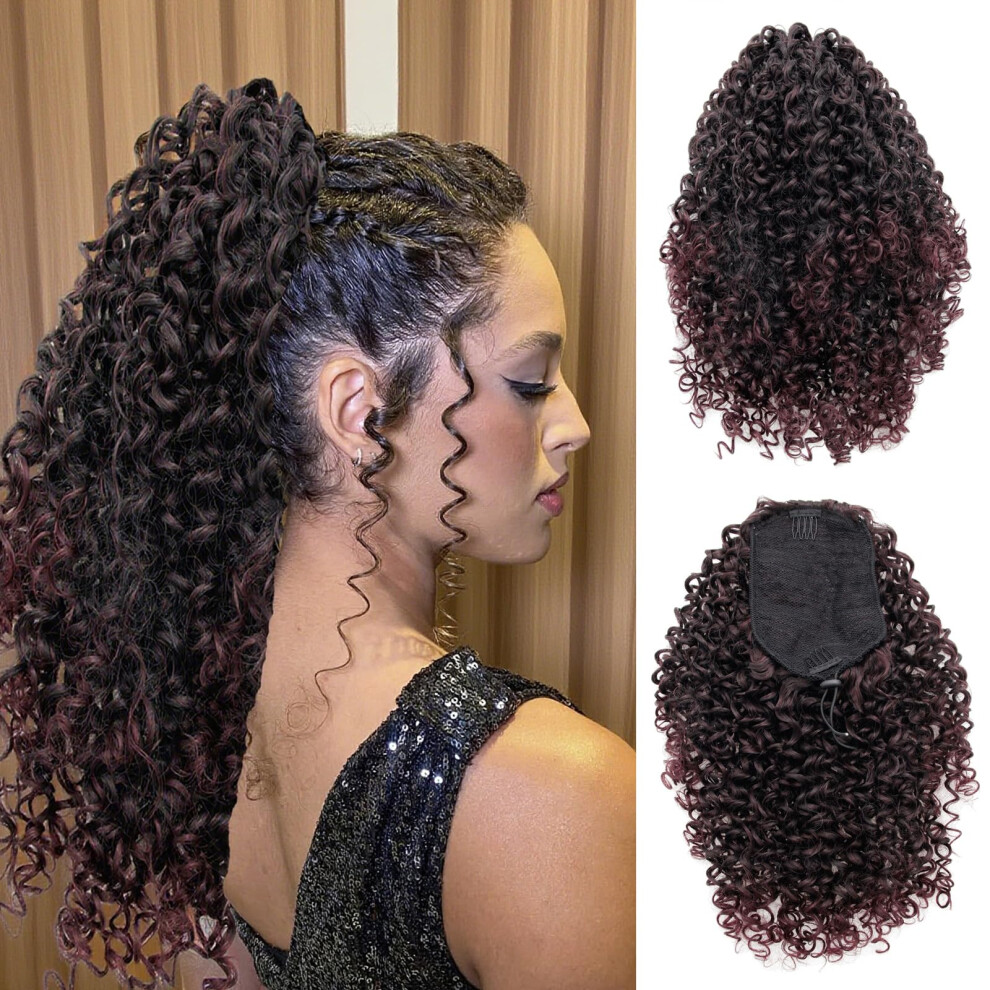 Unisex 18 Inch Curly Drawstring Ponytail Hair Extension Ombre T1b/99J Synthetic Hairpiece For Women