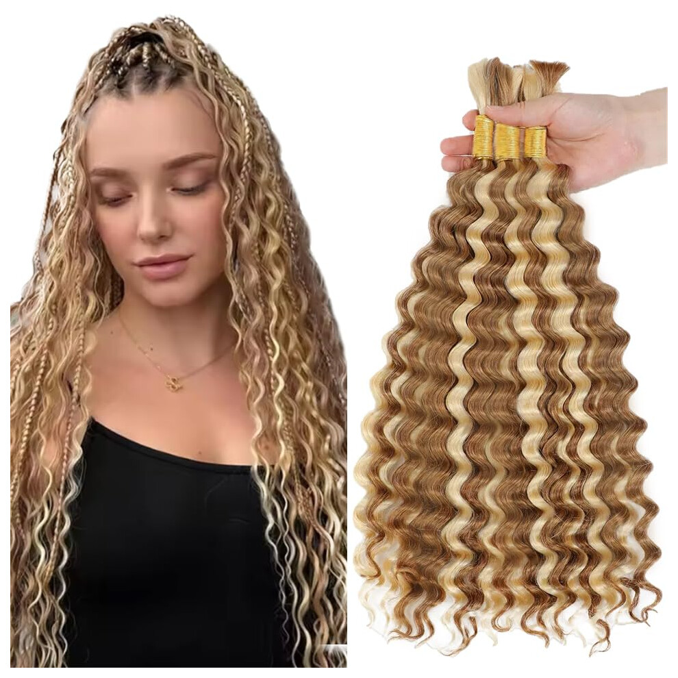 Unisex Blonde Deep Wave Human Braiding Hair Extensions 12 Inch P27/613 Highlight Soft Curl Pattern