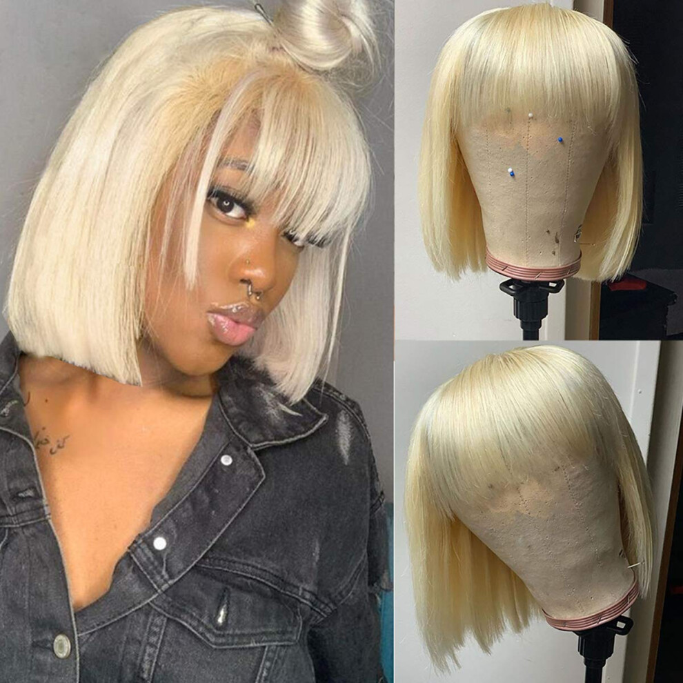 Unisex Black 613 Blonde Human Hair Bob Wig With Bangs Glueless 150 Density For Women Color