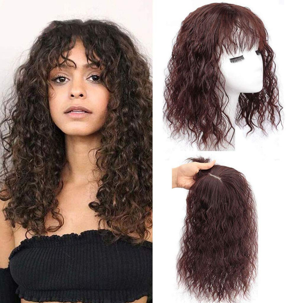 Unisex Brown Short Wavy Curly Synthetic Hair Wig With Fringe Clip In Topper For Women 35Cm Dark