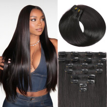 26 Inch Clip in Human Hair Extensions Natural Black Remy Seamless Straight with Secure Clips