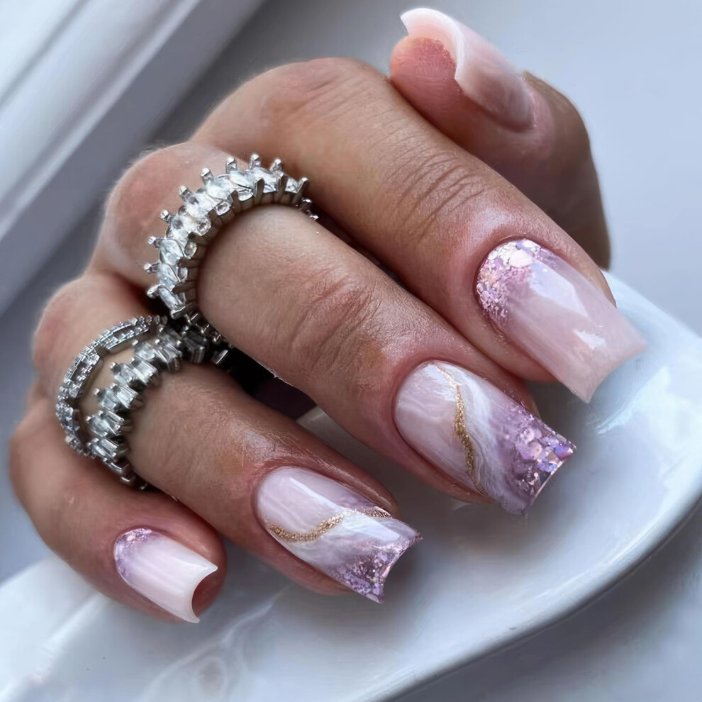 Nude Purple Press On Nails Kit with Glue and Stickers, Medium Square Glitter Swirl Fake Nails for Women, 24Pcs