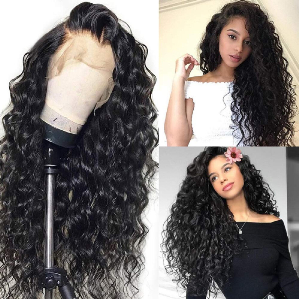 Unisex Black Brazilian Virgin Human Hair Loose Wave Lace Front Wig 12 Inch Pre Plucked Bleached Knots 130 Density