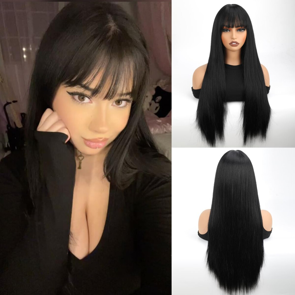 28 Inch Black Synthetic Wig with Bangs, Heat Resistant Long Straight Hair for Women Cosplay