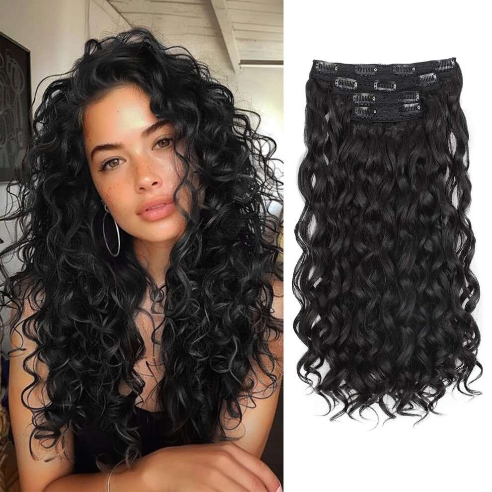 18 Inch Curly Clip in Hair Extensions Black Synthetic HeatStylable Curls Instant Volume Boost