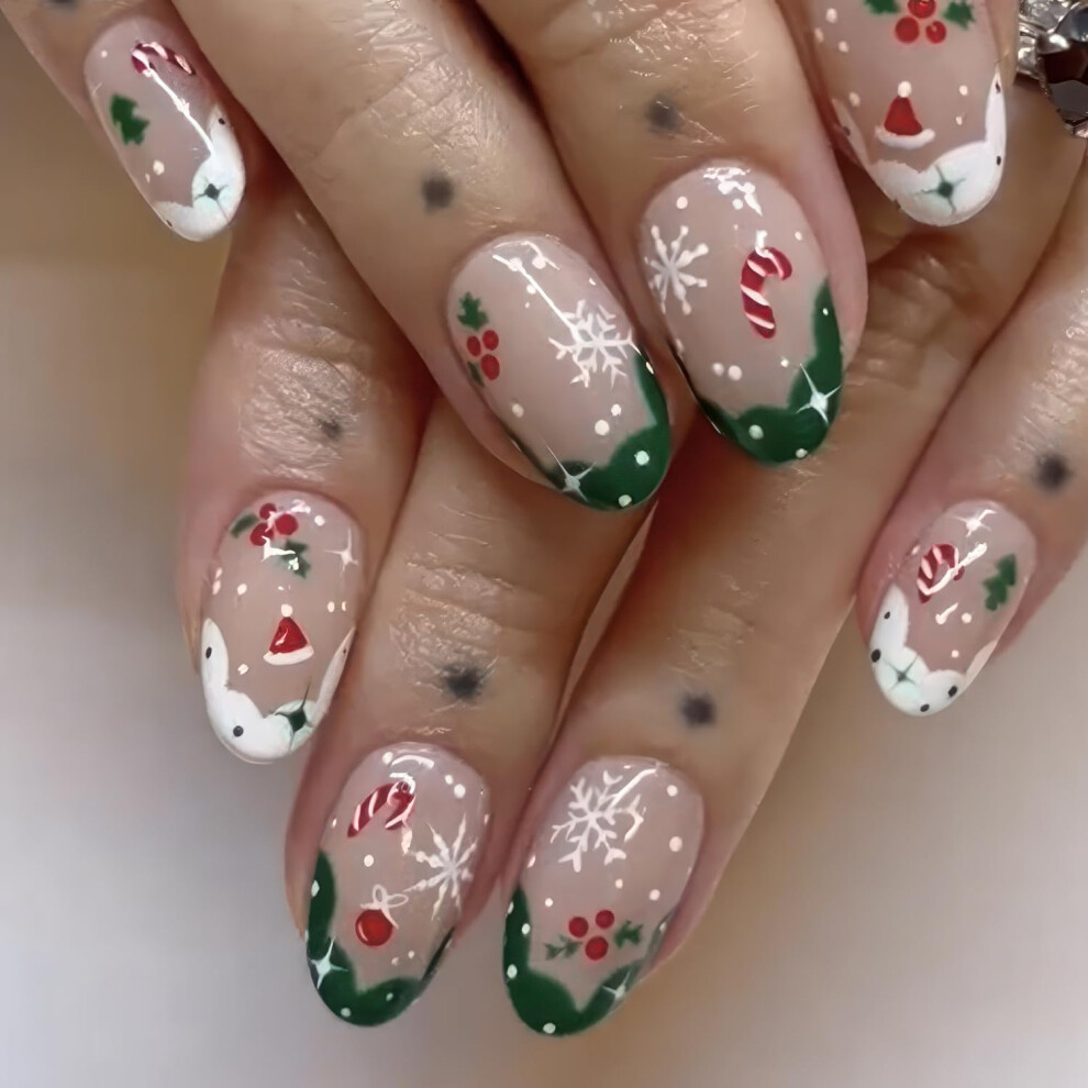 Christmas Press On Nails Short Almond Shape Acrylic False Nails with Glue Stickers Reusable 24Pcs