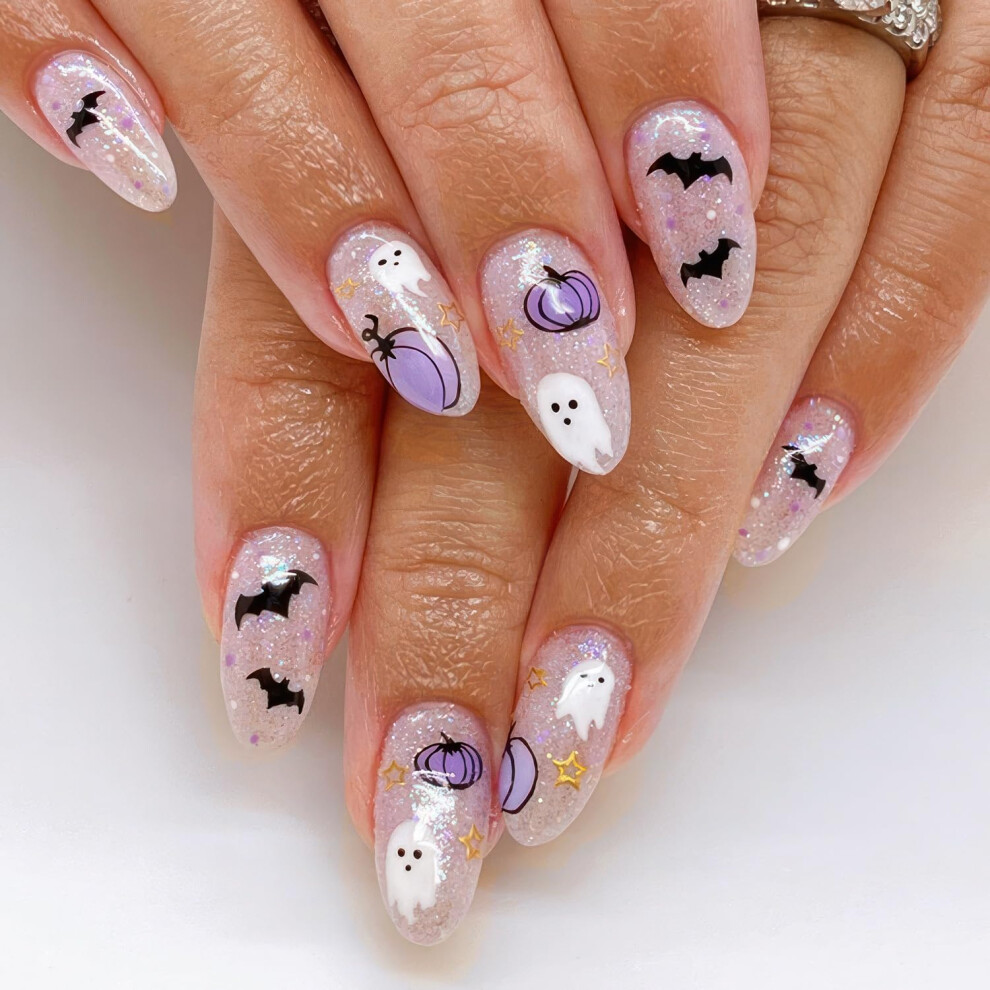 Halloween Press On Nails Short Almond Nude Fake Nails Set with Ghost and Pumpkin Designs 24PCS