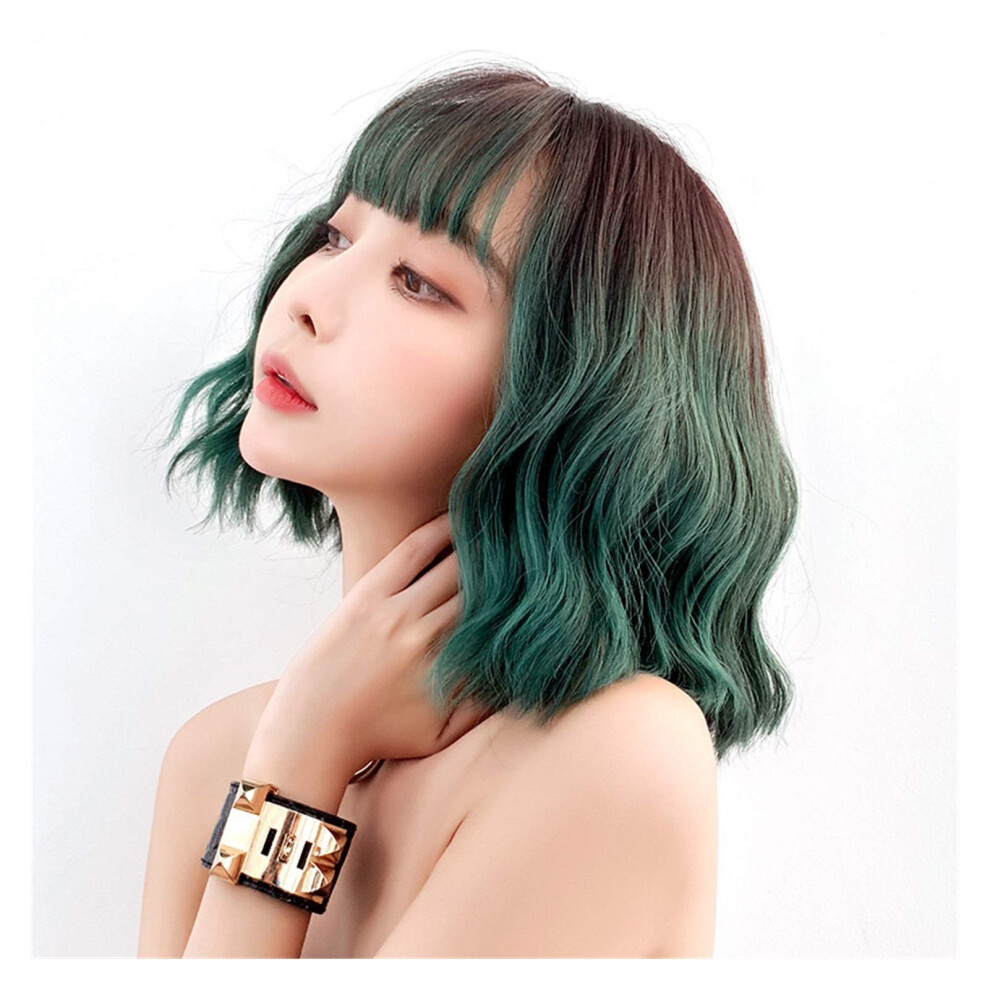 Unisex Green Synthetic Short Curly Wig For Women Gradient Korean Style Cosplay Hair Natural Realistic Look
