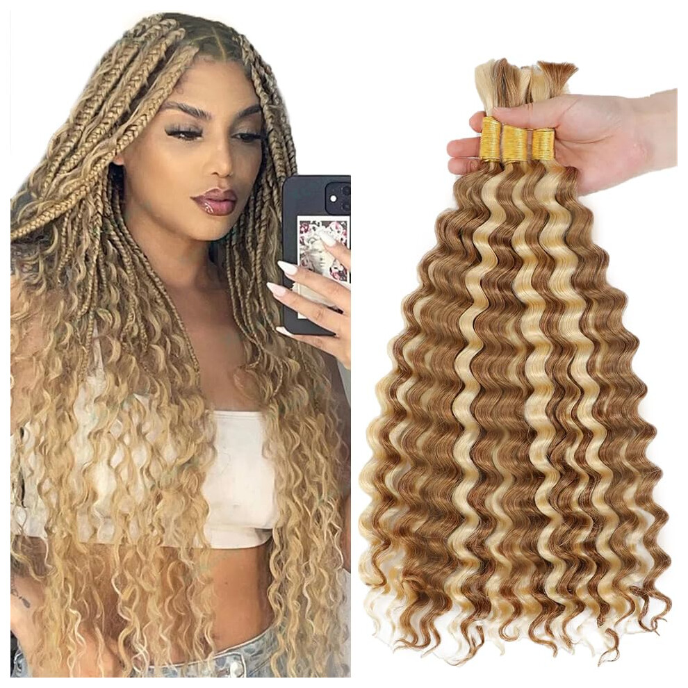 Unisex 34 Inch Human Braiding Hair Deep Curly Blonde P27/613 Highlight Bulk Extensions