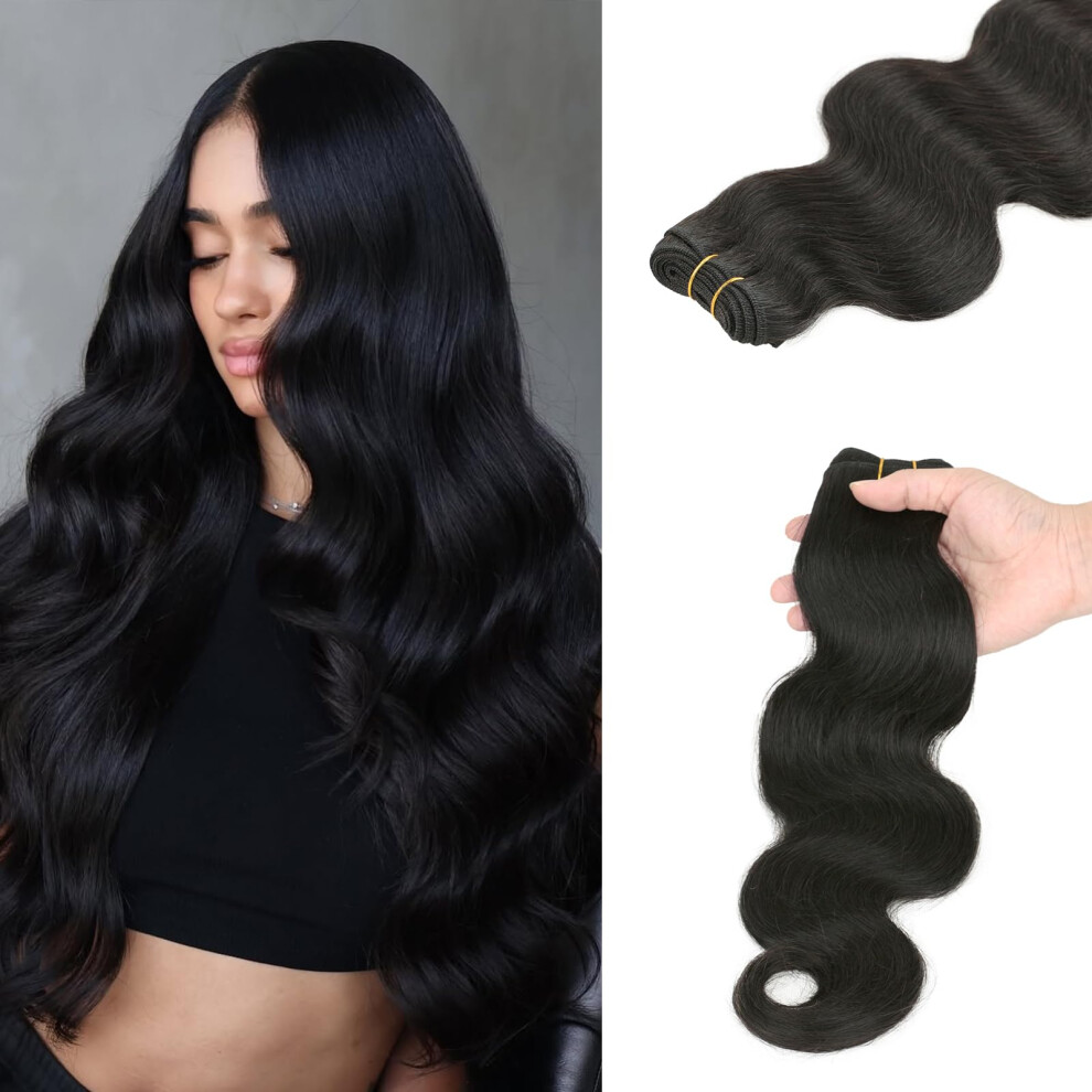 Unisex Black Human Hair Extensions 16 Inch Body Wave Natural Remy Sew In Weave Bundles Double Weft