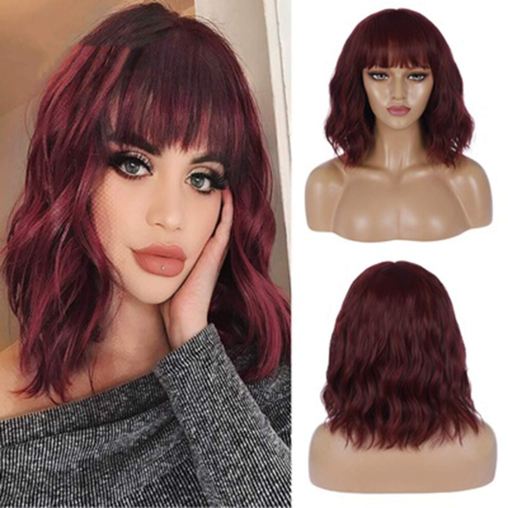 Women's Synthetic Long Curly Wig with Bangs, Heat Resistant Burgundy Hair for Party and Cosplay