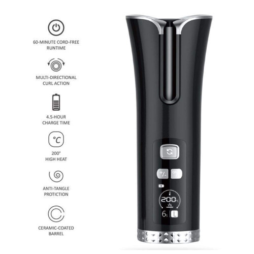 Automatic Curling Iron with LCD Display, Cordless Ceramic Rotating Wand, AntiSticking Sensor, Black 2