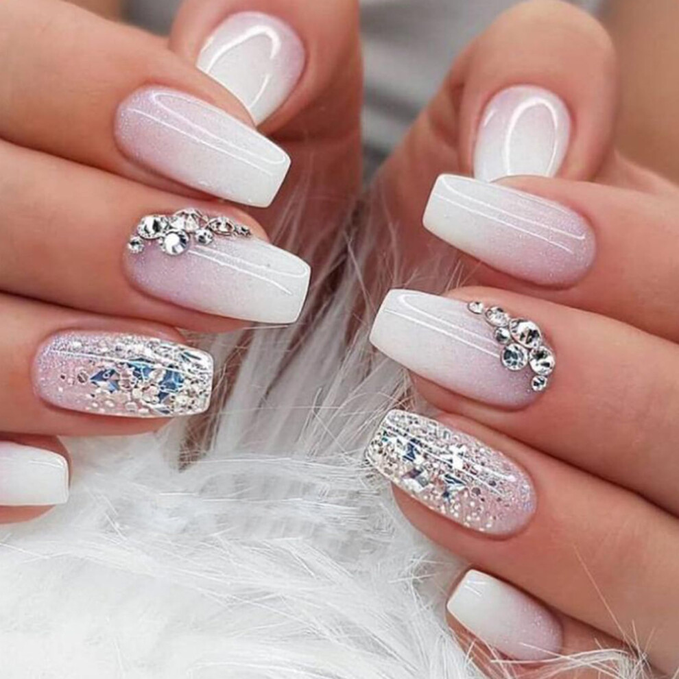 White Ombre Coffin Press On Nails With Glitter Rhinestones, Acrylic Salonquality Nail Set 24Pcs