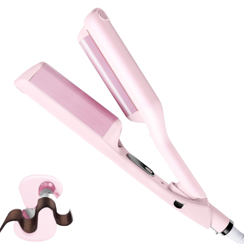 Pink 1.25 Inch Hair Waver Crimper With 2 Ceramic Barrels, Fast Heat Beach Waves Curling Iron