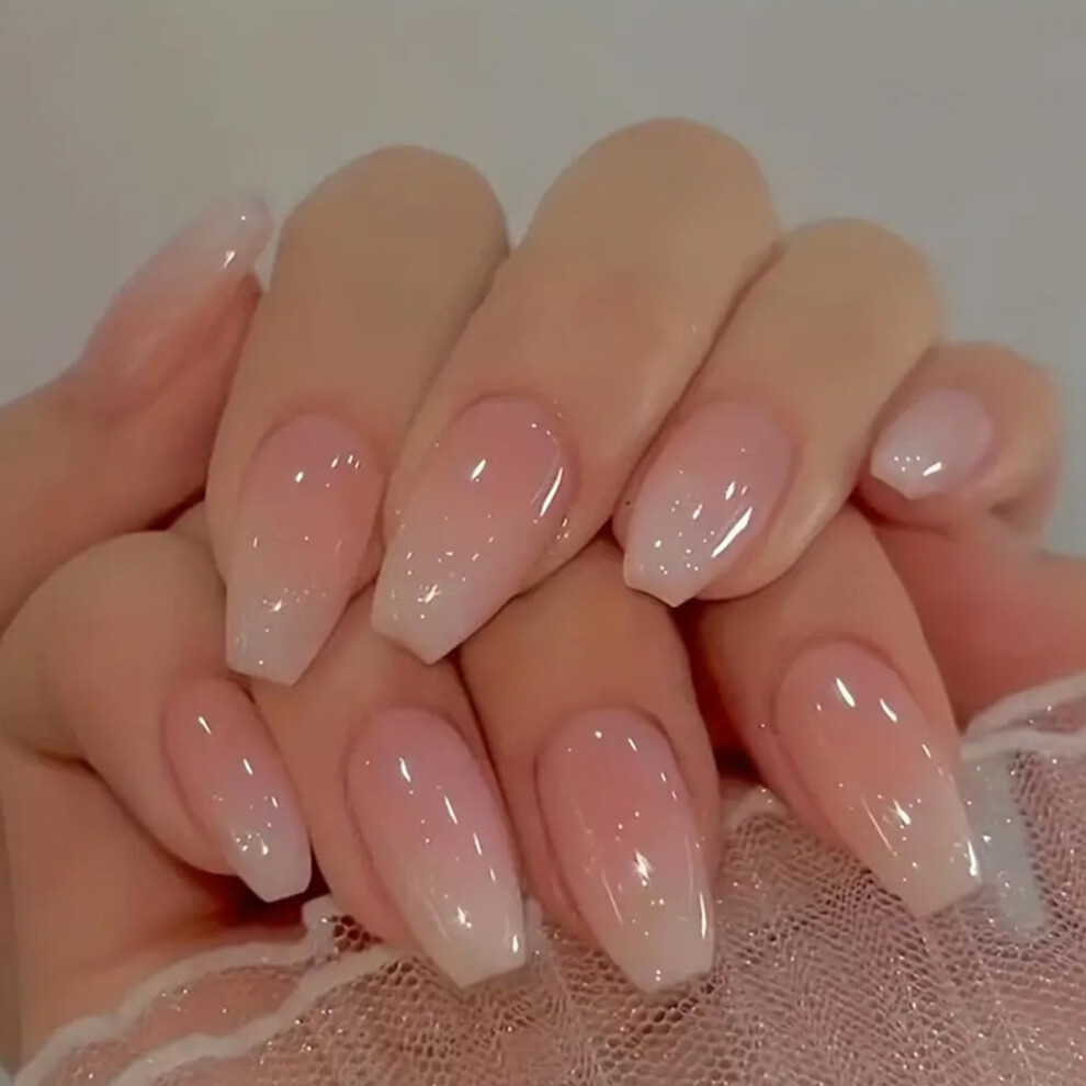 Cream Nude Ombre Press On Coffin Nails Set, Glossy Acrylic Medium Length Artificial Nails 24Pcs