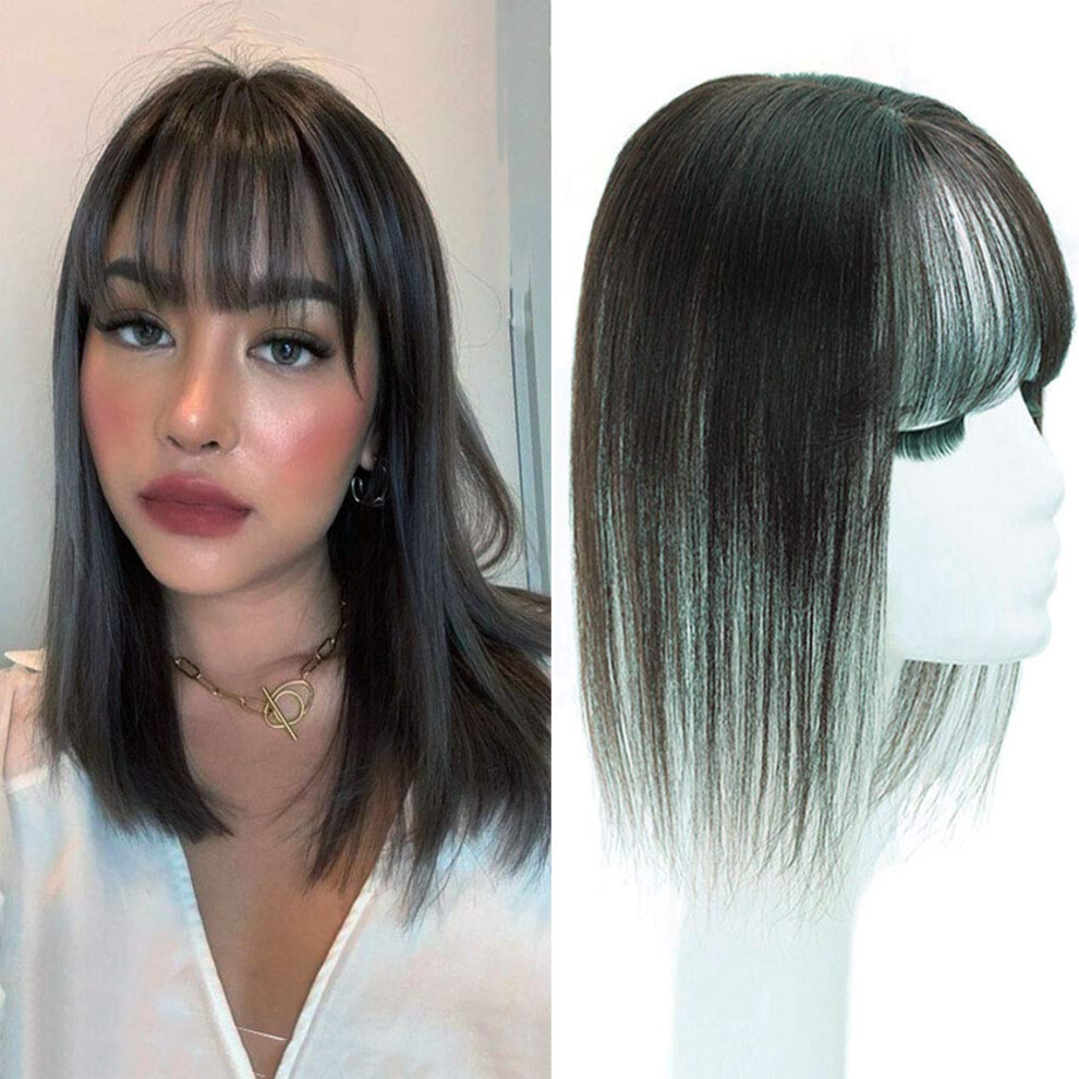 Unisex Black Human Hair Topper Silk Base Wiglet With Bangs 35Cm Straight Clip In For Thinning Hair