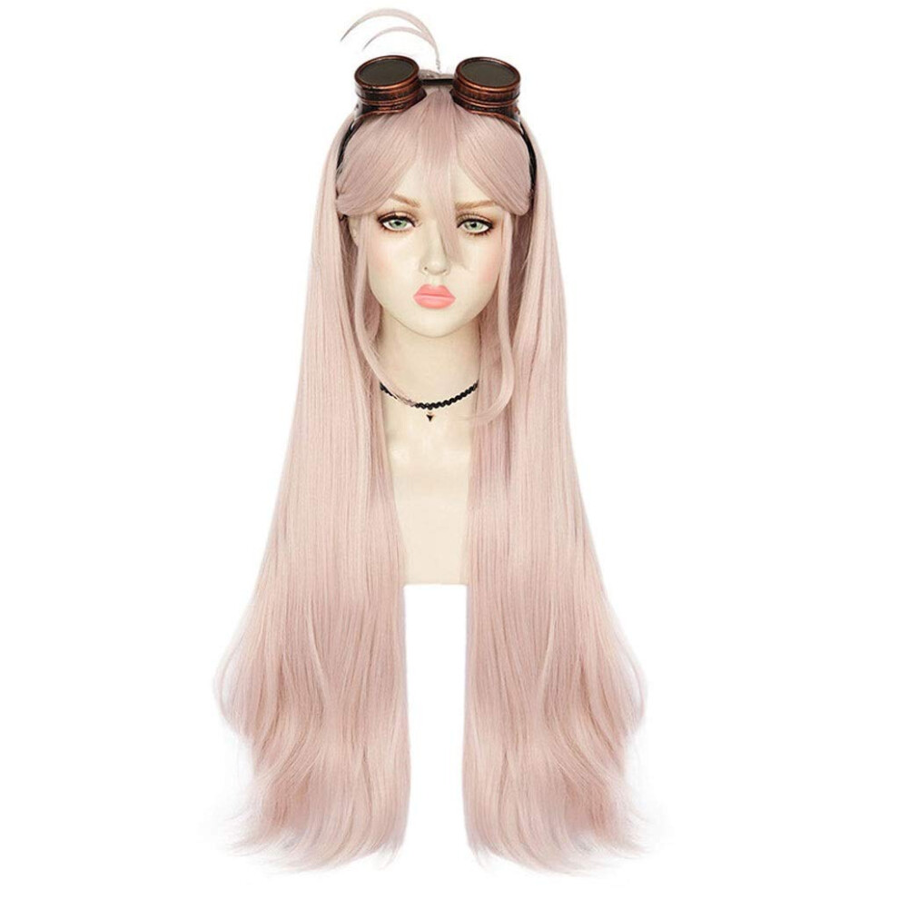 Long Pink Straight Cosplay Wig for Women with Glasses, Heat Resistant Synthetic Fiber
