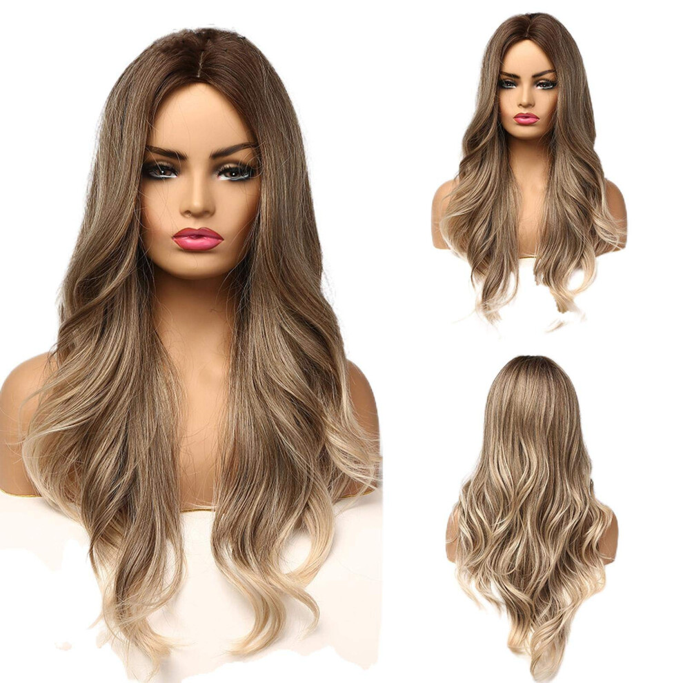Long Wavy Black Brown Synthetic Wig for Women, Middle Part, Natural Volume 130% Density, Heat Styling