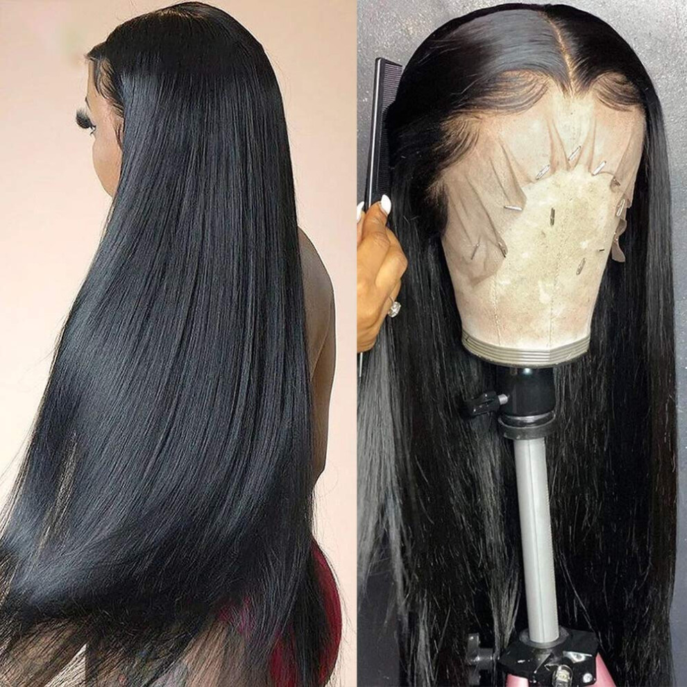 Unisex 360 Lace Front Wig Human Hair 16 Inch Pre Plucked Fake Scalp Silky Straight Natural Hairline