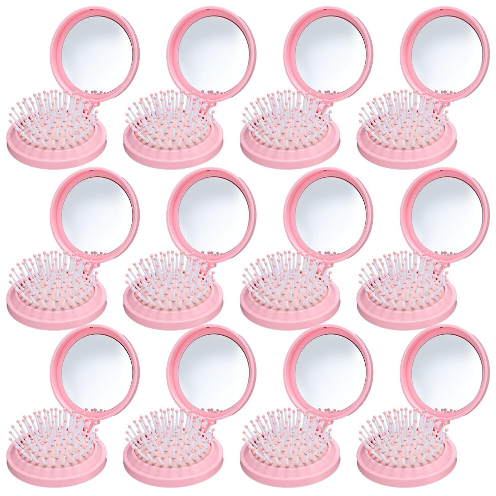 Folding Mirror Hair Brush with Soft Cushion Bristles, Compact Portable Travel Size Pink Bow Design