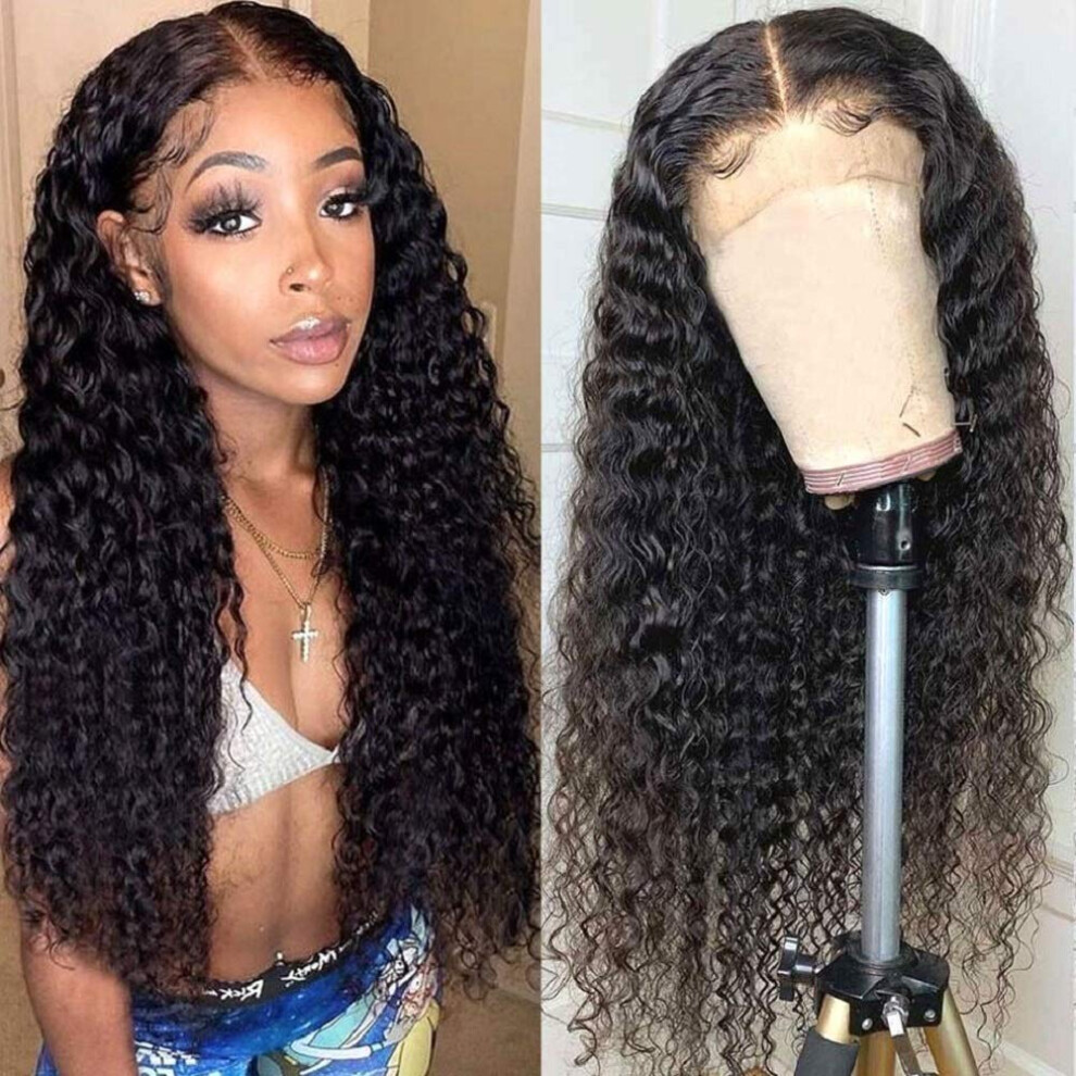 Unisex Black Kinky Curly Lace Front Wig Human Hair 13X4 Pre Plucked For Women 26Inch 150% Density