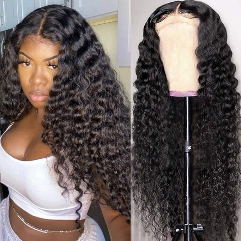 Unisex 24 Inch Deep Wave Lace Front Wig Brazilian Virgin Human Hair, Pre Plucked Natural Hairline